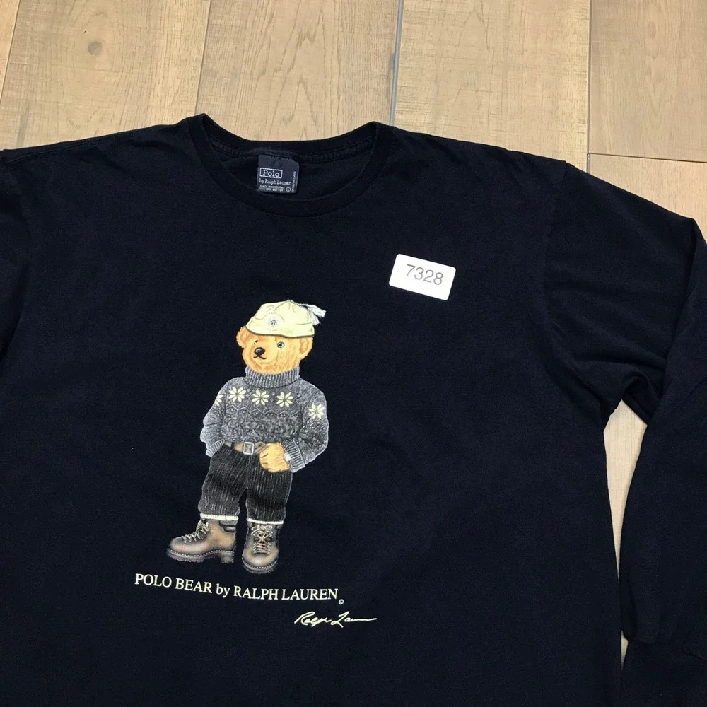 Vintage 90s Polo Bear Ralph Lauren Mens Size L Navy Blue Long Sleeve Fair Isle